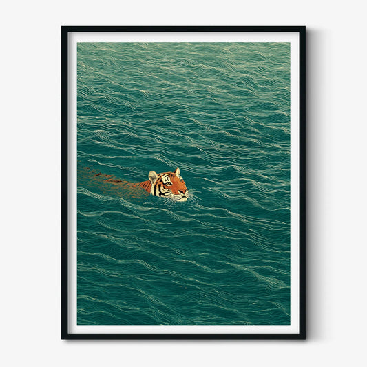 Swimming Tiger Poster | Green Water Wall Art, Minimalist Animal Art Print | Jungle Nature Decor