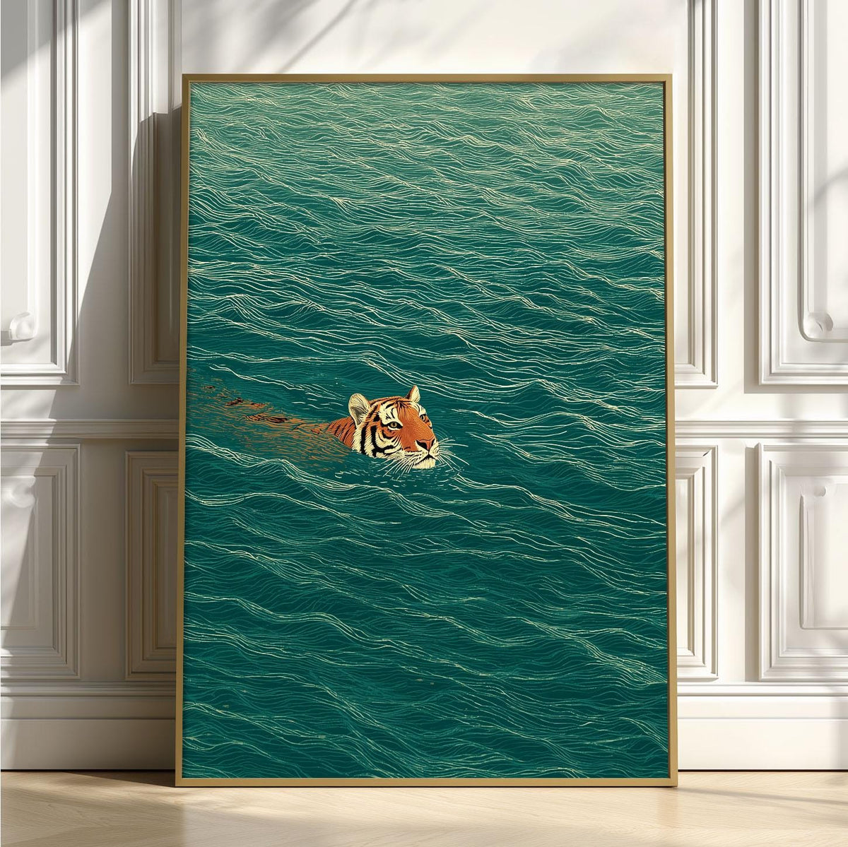 Swimming Tiger Poster | Green Water Wall Art, Minimalist Animal Art Print | Jungle Nature Decor