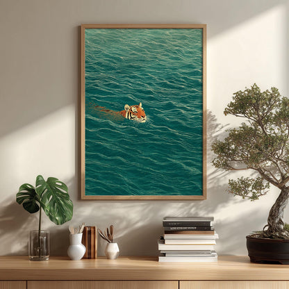 Swimming Tiger Poster | Green Water Wall Art, Minimalist Animal Art Print | Jungle Nature Decor