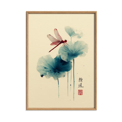 Dragonfly Lotus Wall Art | Chinese Watercolour Poster, Botanical Art Print | Zen Nature Decor