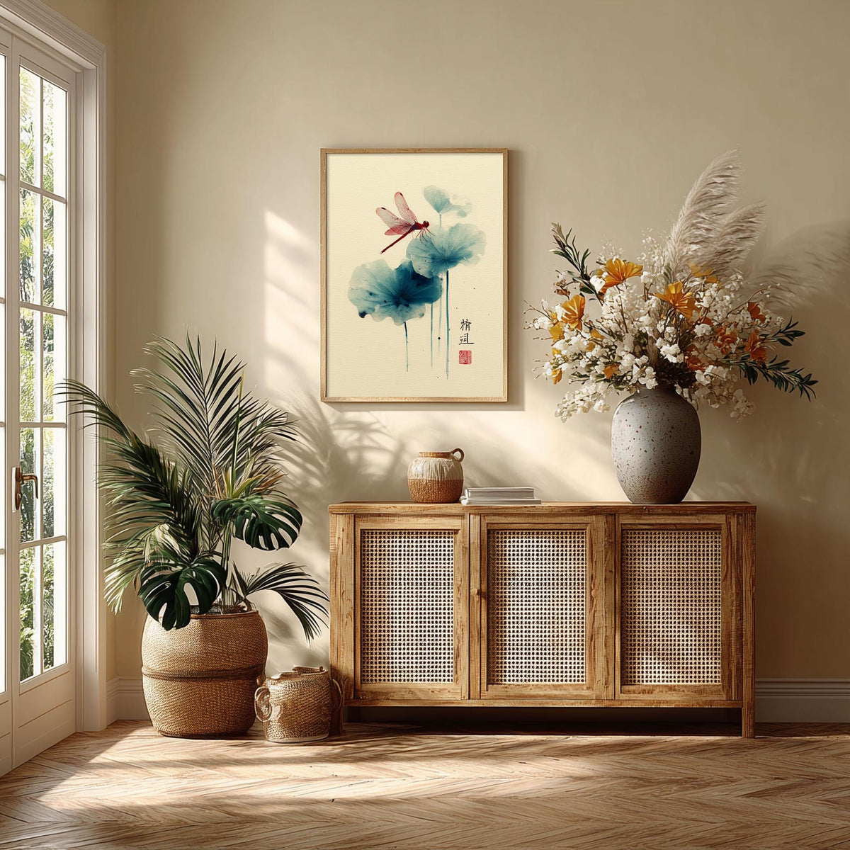 Dragonfly Lotus Wall Art | Chinese Watercolour Poster, Botanical Art Print | Zen Nature Decor