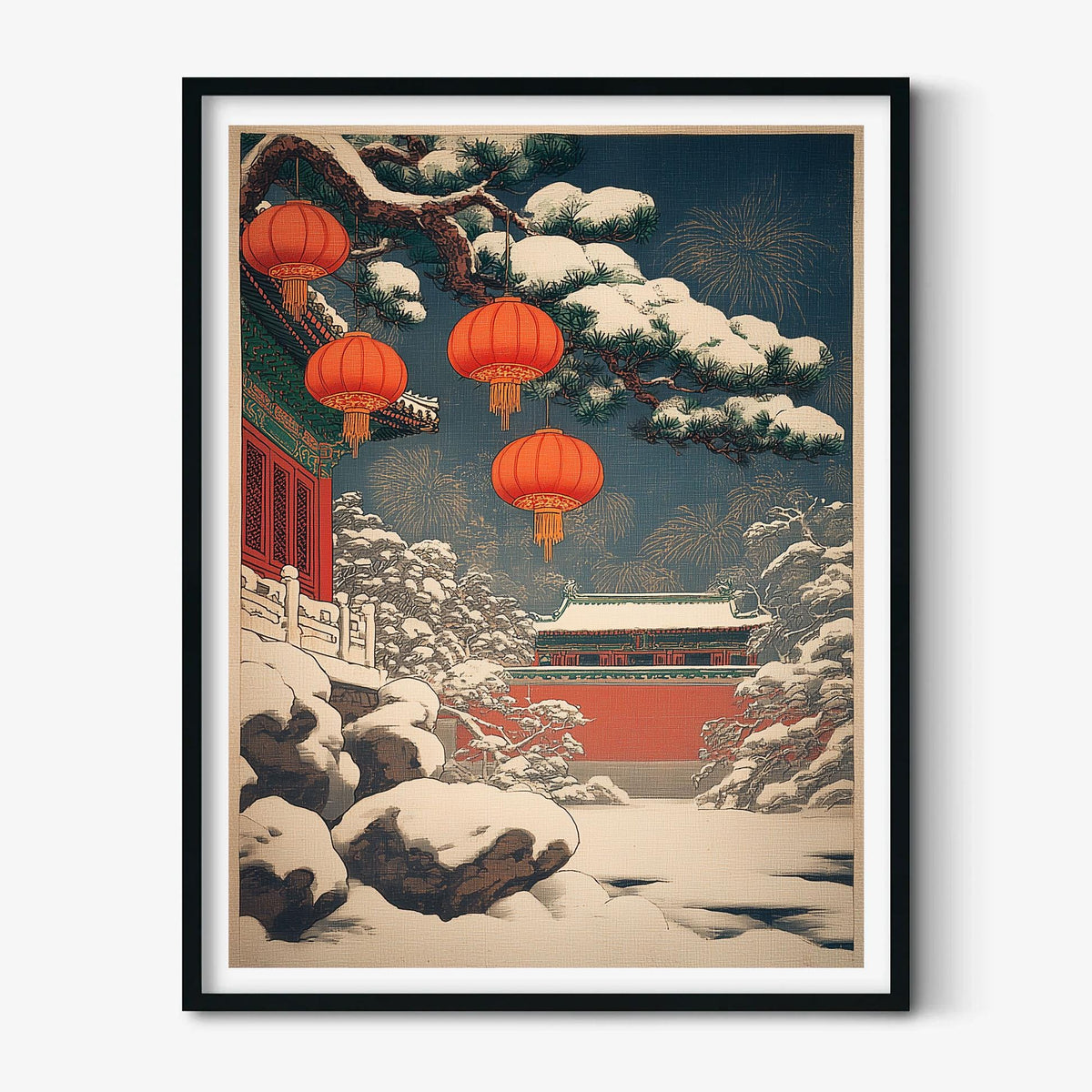 Chinese Lantern Poster | Winter Temple Wall Art, Snowy Palace Art Print | Asian New Year Decor