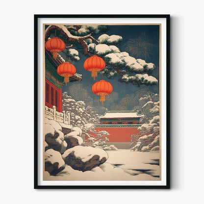 Chinese Lantern Poster | Winter Temple Wall Art, Snowy Palace Art Print | Asian New Year Decor
