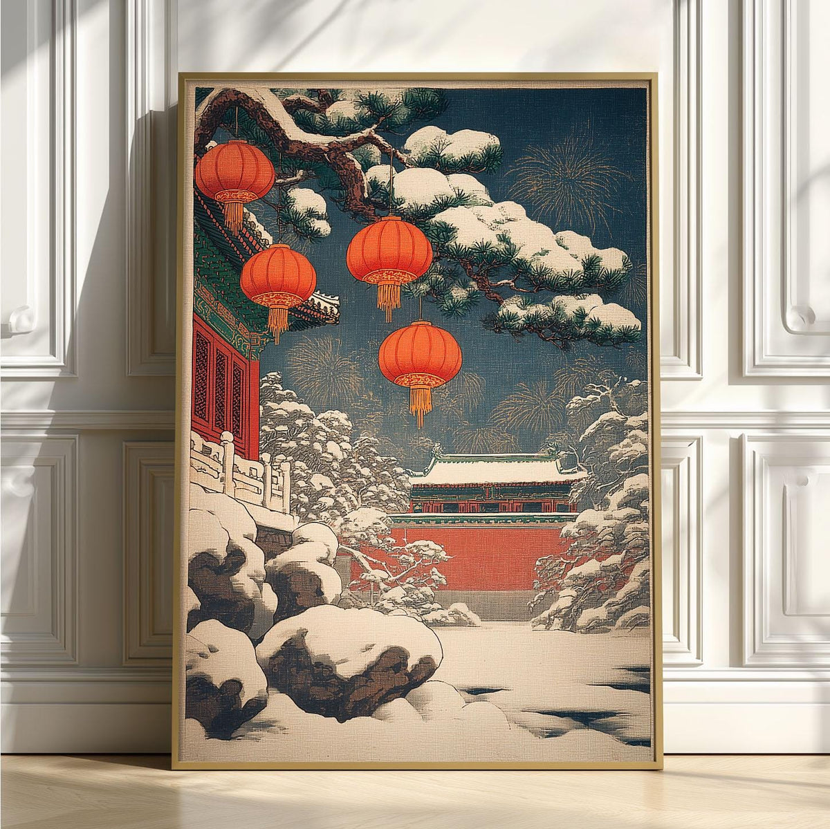 Chinese Lantern Poster | Winter Temple Wall Art, Snowy Palace Art Print | Asian New Year Decor