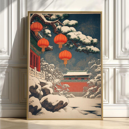 Chinese Lantern Poster | Winter Temple Wall Art, Snowy Palace Art Print | Asian New Year Decor
