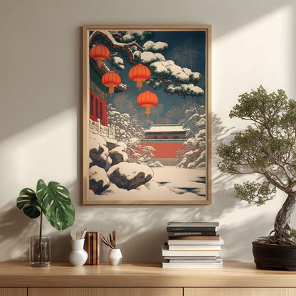 Chinese Lantern Poster | Winter Temple Wall Art, Snowy Palace Art Print | Asian New Year Decor
