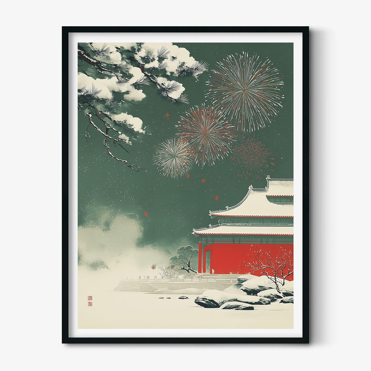 Winter Fireworks Poster | Chinese Temple Wall Art, Snowy Palace Art Print | Asian New Year Decor
