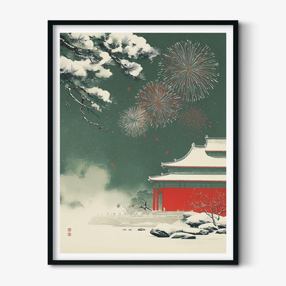 Winter Fireworks Poster | Chinese Temple Wall Art, Snowy Palace Art Print | Asian New Year Decor