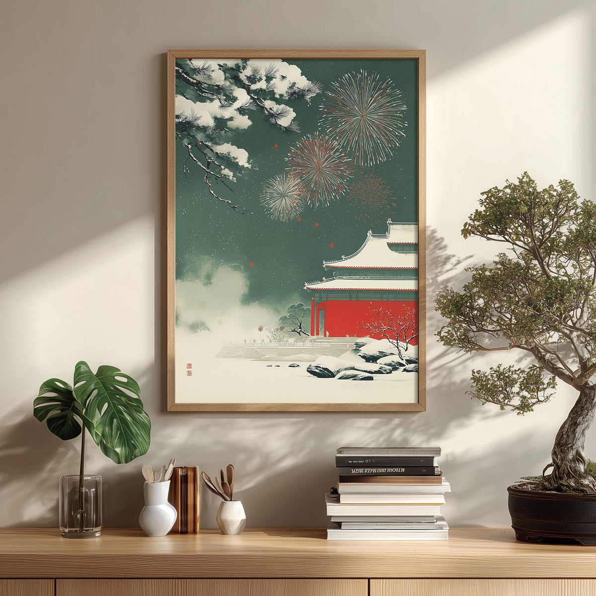 Winter Fireworks Poster | Chinese Temple Wall Art, Snowy Palace Art Print | Asian New Year Decor