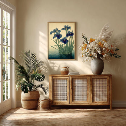 Japanese Iris Wall Art | Blue Botanical Poster, Water Garden Art Print | Zen Floral Decor