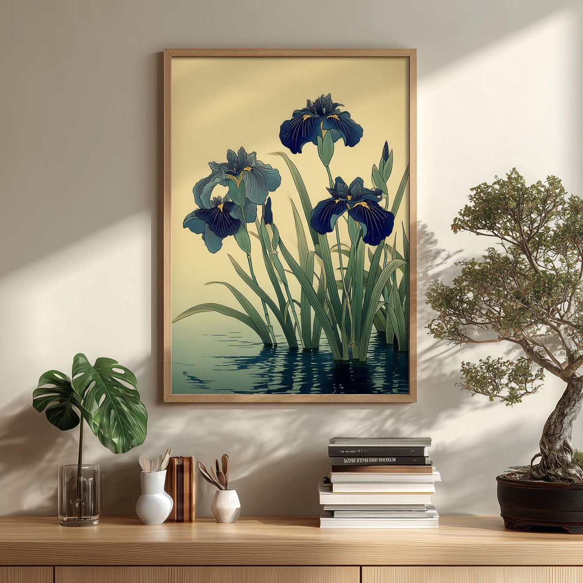 Blue Iris Wall Art | Japanese Floral Poster, Water Garden Art Print | Zen Botanical Decor