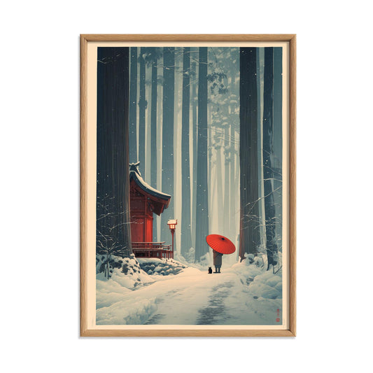 Japanese Winter Forest Poster | Snowy Shrine Wall Art | Red Umbrella Art Print | Zen Landscape Decor