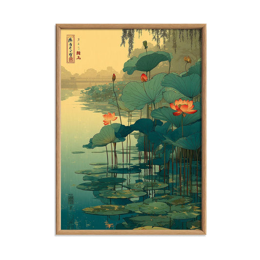 Lotus Pond Wall Art | Japanese Botanical Poster | Water Garden Art Print | Zen Nature Decor