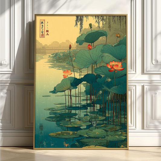 Lotus Pond Wall Art | Japanese Botanical Poster | Water Garden Art Print | Zen Nature Decor