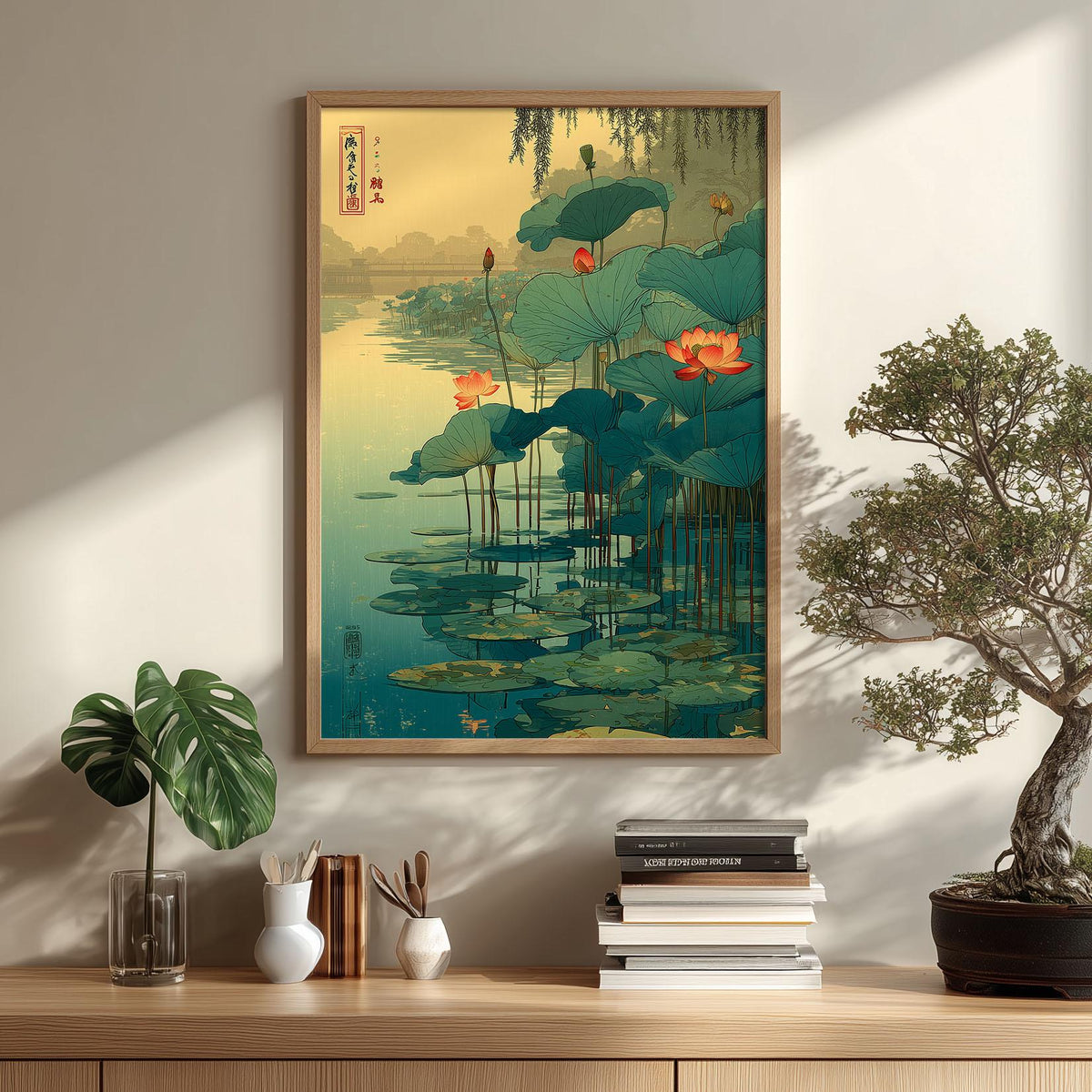 Lotus Pond Wall Art | Japanese Botanical Poster | Water Garden Art Print | Zen Nature Decor