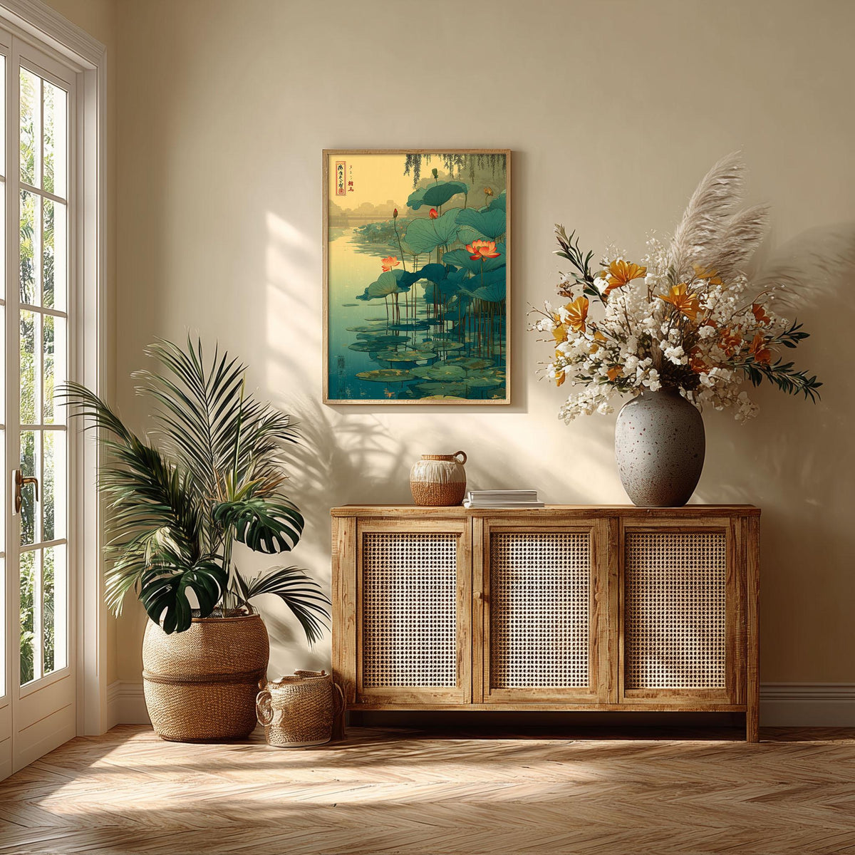 Lotus Pond Wall Art | Japanese Botanical Poster | Water Garden Art Print | Zen Nature Decor