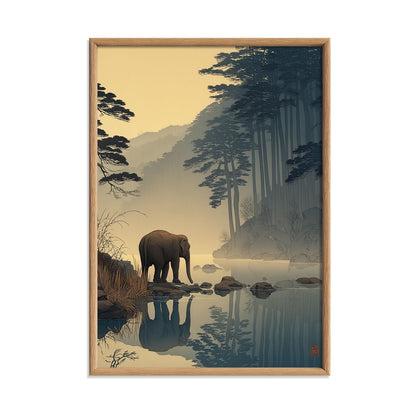 Elephant Wall Art | Japanese Forest Poster | Misty River Art Print | Zen Wildlife Decor