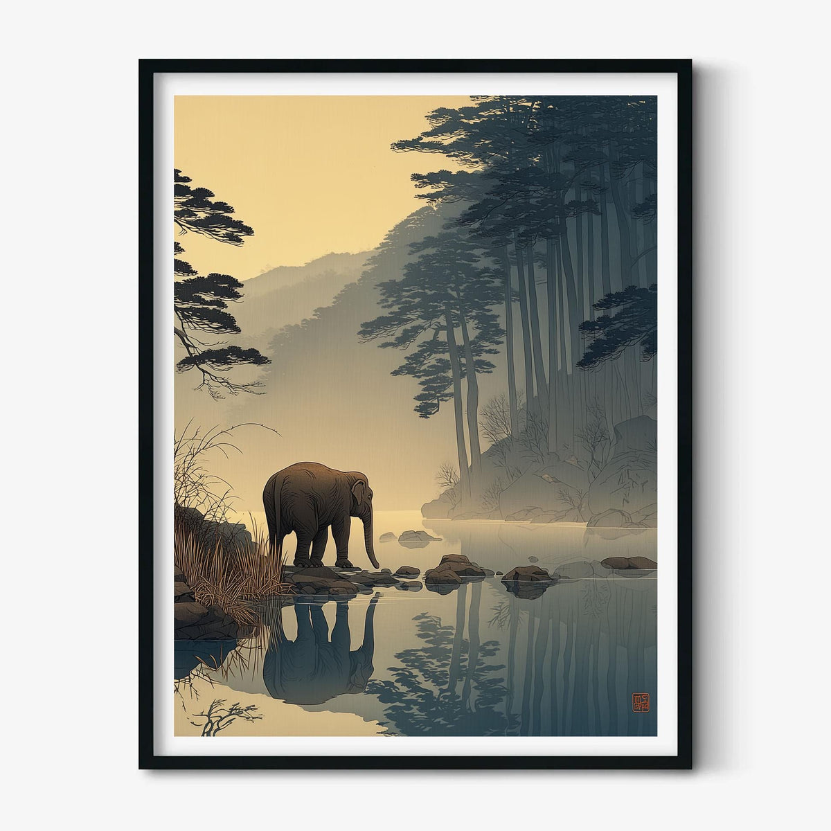 Elephant Wall Art | Japanese Forest Poster | Misty River Art Print | Zen Wildlife Decor