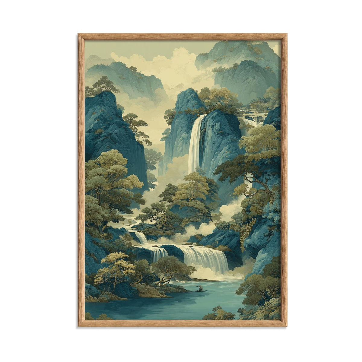 Mountain Waterfall Wall Art | Chinese Landscape Poster | Blue River Art Print | Zen Nature Decor