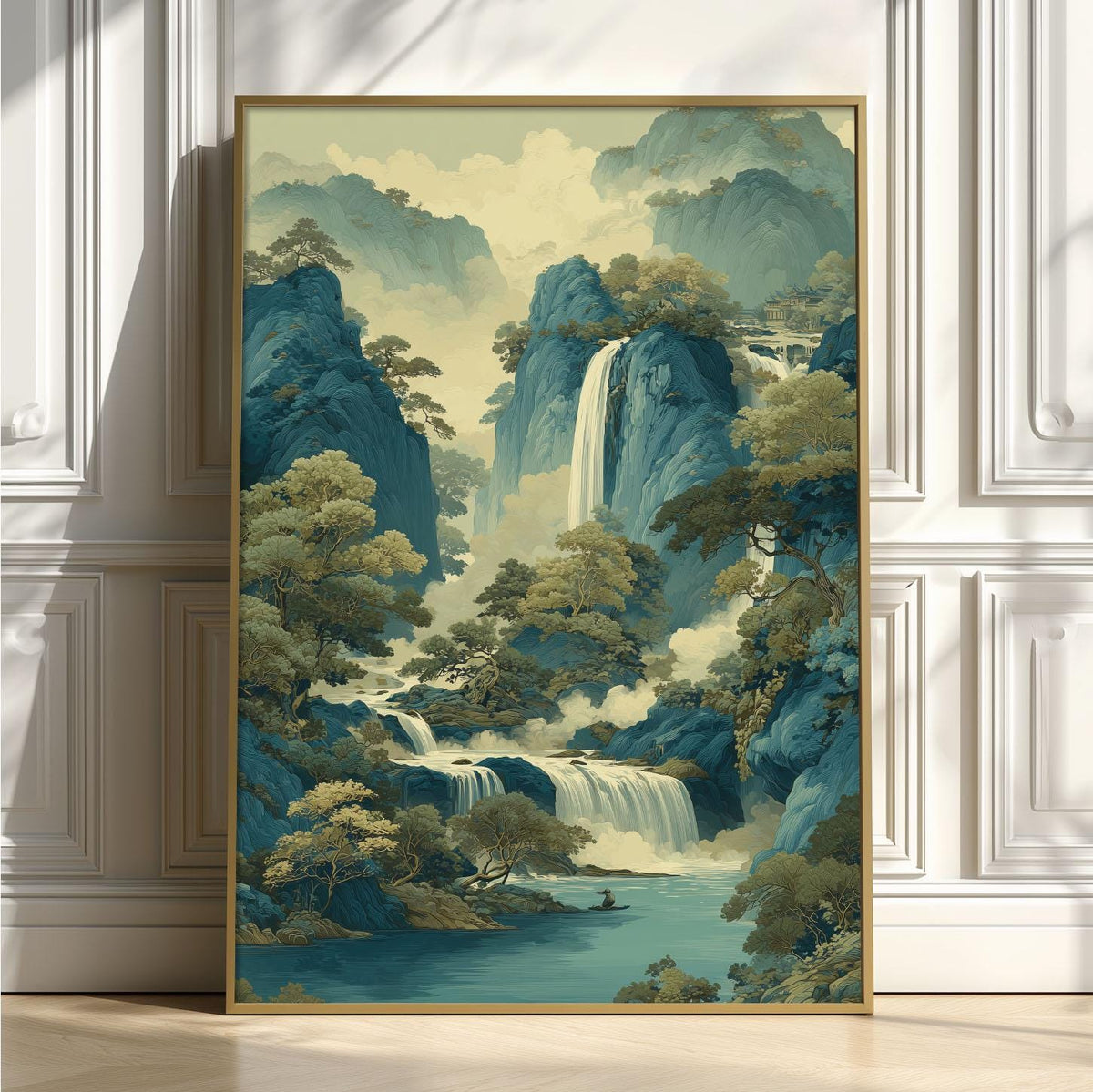Mountain Waterfall Wall Art | Chinese Landscape Poster | Blue River Art Print | Zen Nature Decor