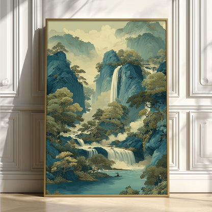 Mountain Waterfall Wall Art | Chinese Landscape Poster | Blue River Art Print | Zen Nature Decor