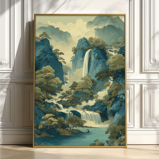 Mountain Waterfall Wall Art | Chinese Landscape Poster | Blue River Art Print | Zen Nature Decor