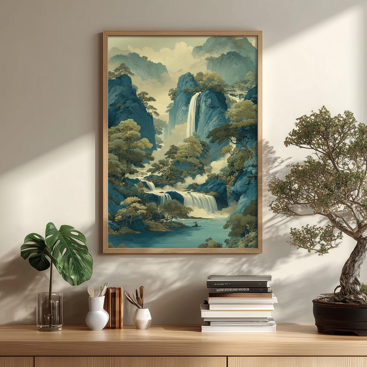Mountain Waterfall Wall Art | Chinese Landscape Poster | Blue River Art Print | Zen Nature Decor