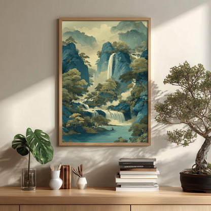 Mountain Waterfall Wall Art | Chinese Landscape Poster | Blue River Art Print | Zen Nature Decor