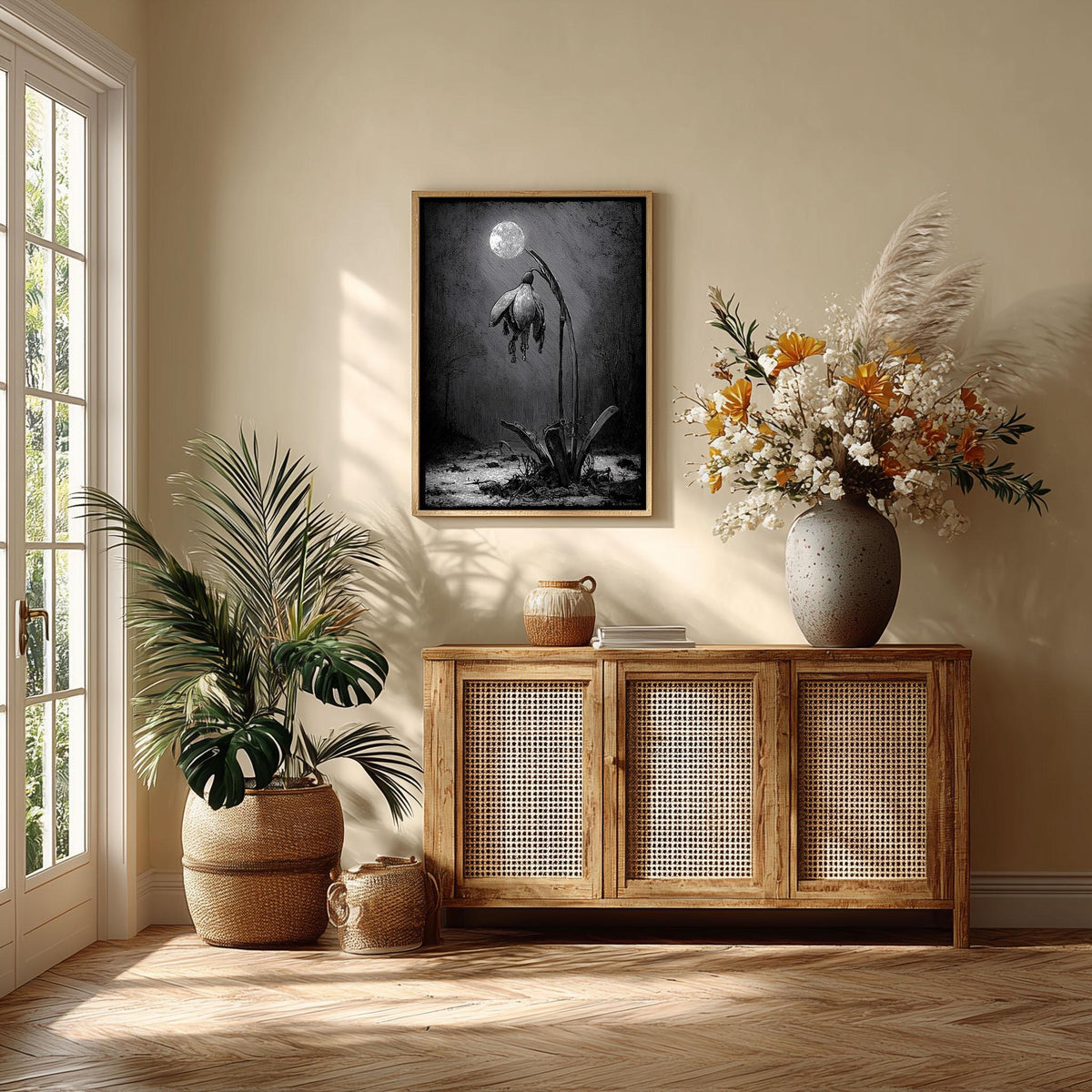 Snowdrop Flower Print – Black & White Botanical Poster | Gothic Wall Art