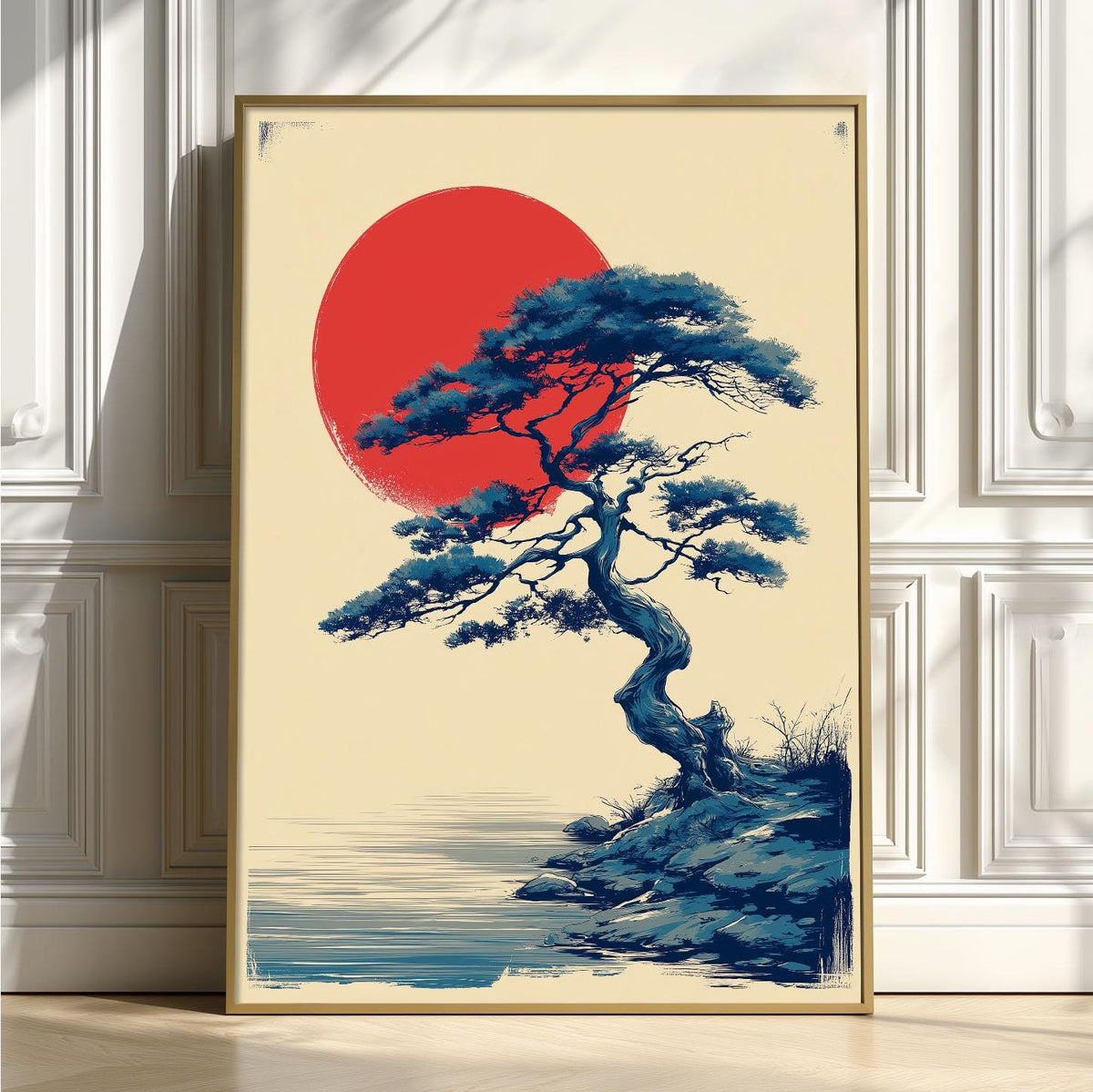Japanese Pine Wall Art | Red Sun Poster | Bonsai Tree Art Print | Zen Landscape Decor