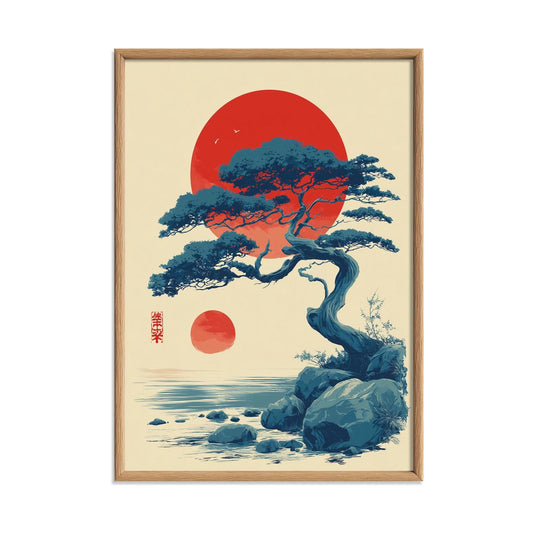 Japanese Pine Tree Wall Art | Red Sun Poster | Zen Landscape Art Print | Japandi Nature Decor