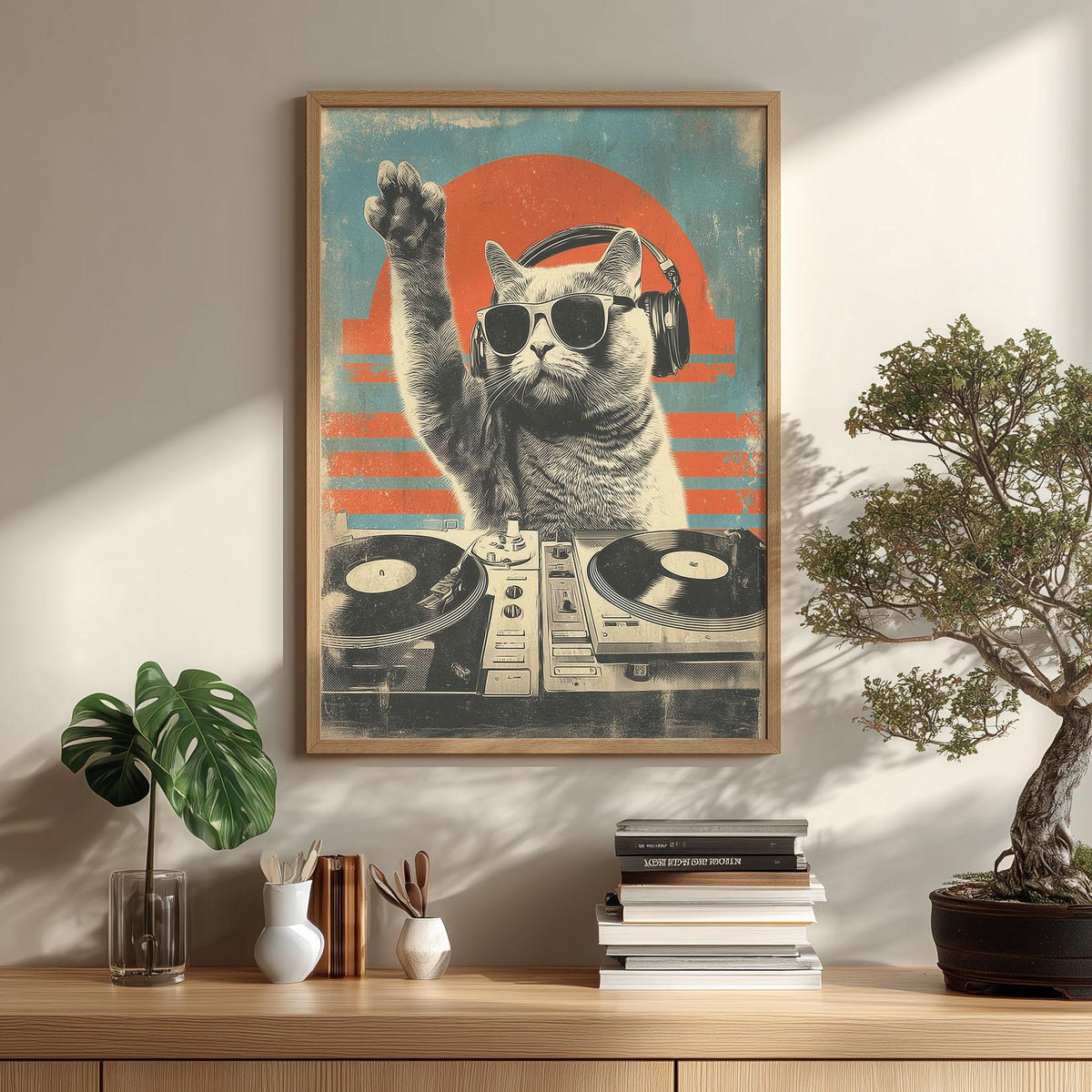 DJ Cat Wall Art | Funny Music Poster | Retro Animal Art Print | Cool Cat Decor