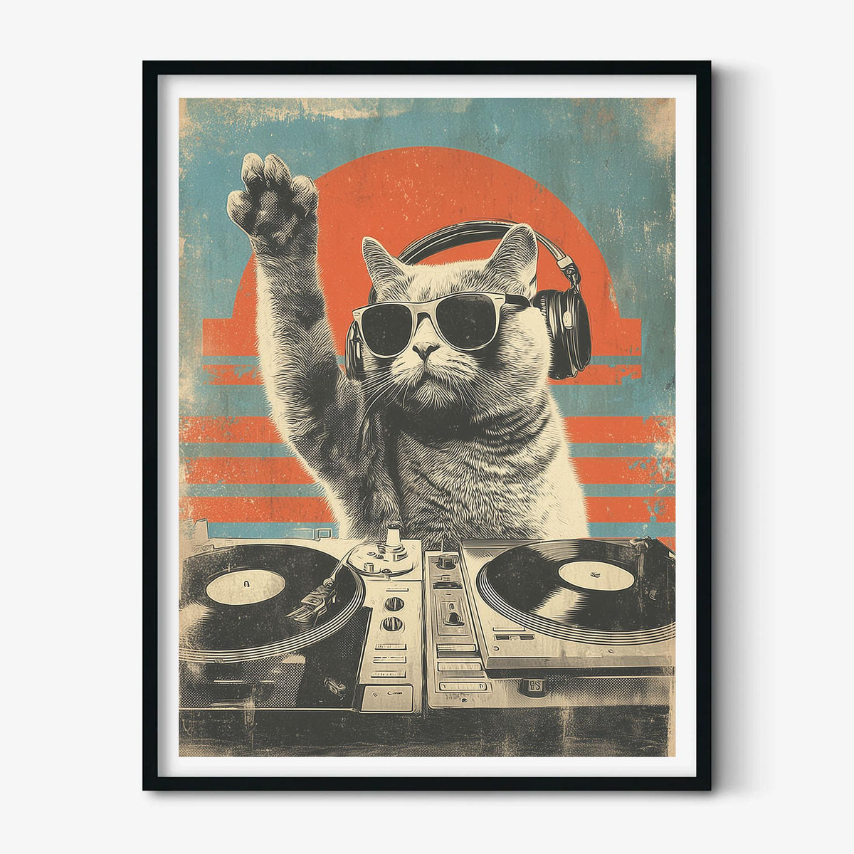 DJ Cat Wall Art | Funny Music Poster | Retro Animal Art Print | Cool Cat Decor