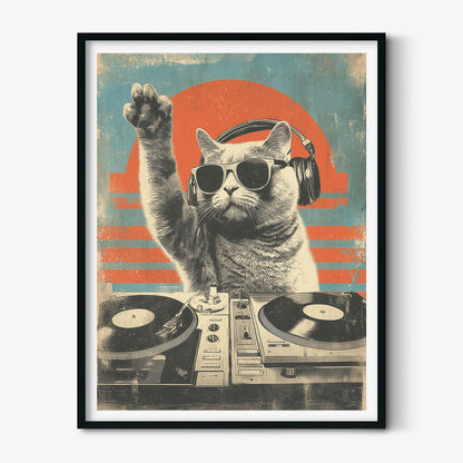DJ Cat Wall Art | Funny Music Poster | Retro Animal Art Print | Cool Cat Decor