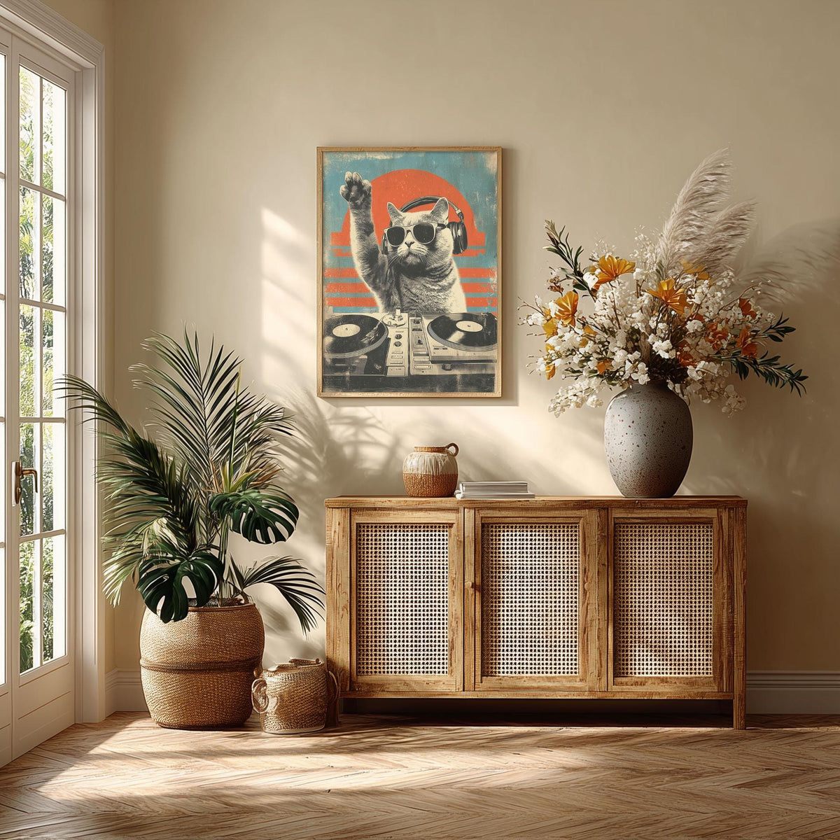 DJ Cat Wall Art | Funny Music Poster | Retro Animal Art Print | Cool Cat Decor