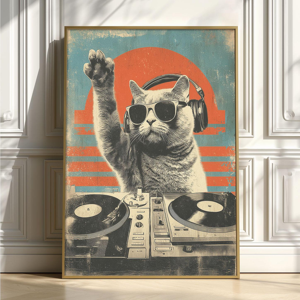 DJ Cat Wall Art | Funny Music Poster | Retro Animal Art Print | Cool Cat Decor
