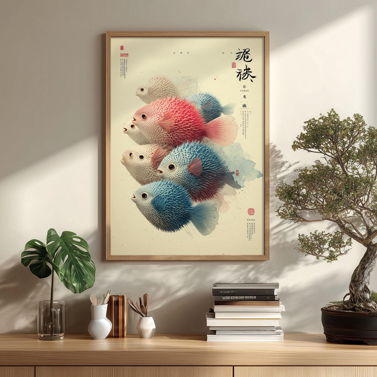 Pufferfish Wall Art | Japanese Fish Poster | Colourful Sea Life Print | Coastal Bathroom Decor