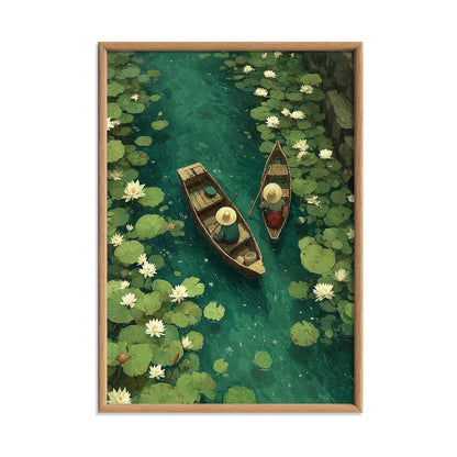 Water Lily Boat Art Print | Japanese Garden Pond Poster, Zen Nature Decor