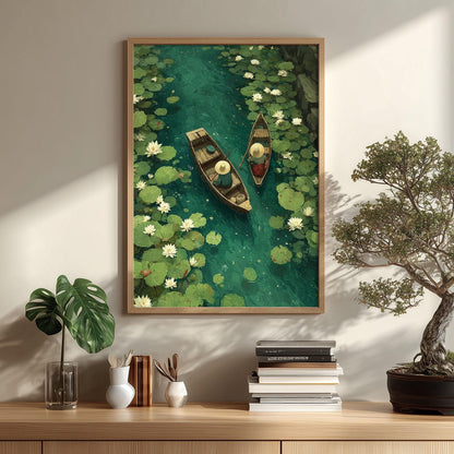 Water Lily Boat Art Print | Japanese Garden Pond Poster, Zen Nature Decor