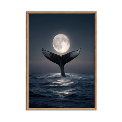 Whale Tail Full Moon Ocean Poster | Dark Coastal Night Art Print