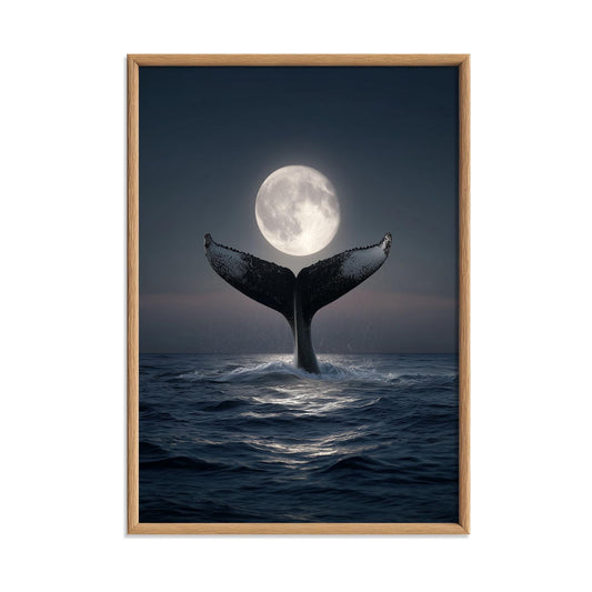 Whale Tail Full Moon Ocean Poster | Dark Coastal Night Art Print