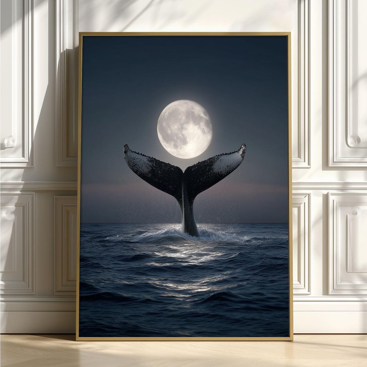 Whale Tail Full Moon Ocean Poster | Dark Coastal Night Art Print