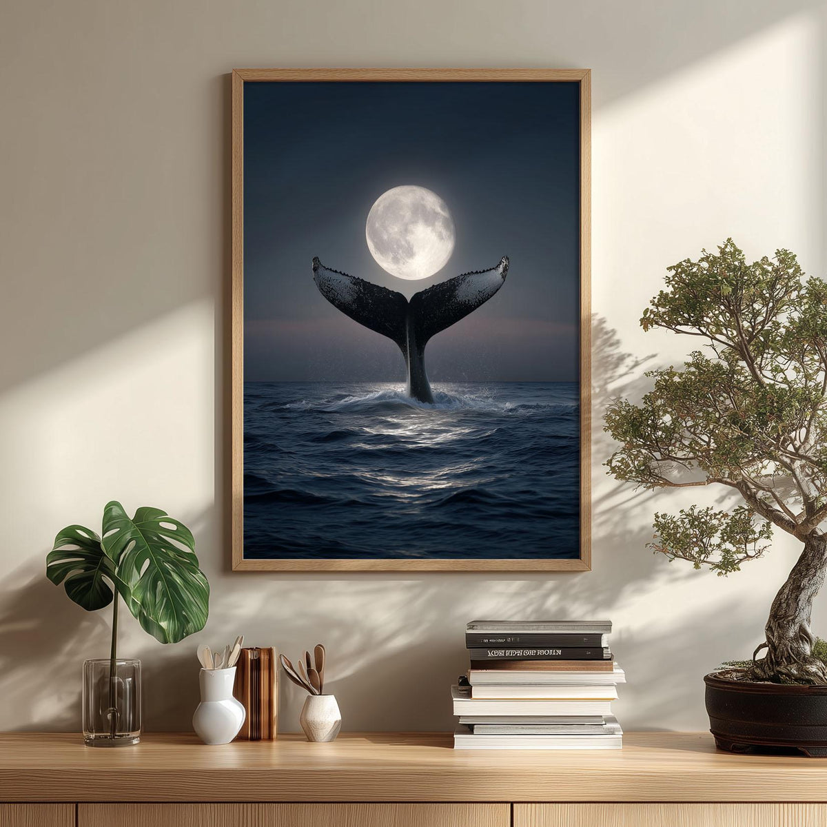 Whale Tail Full Moon Ocean Poster | Dark Coastal Night Art Print