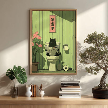 Black Cat Reading Newspaper Toilet Art Print | Whimsical Japanese Style Bathroom Decor