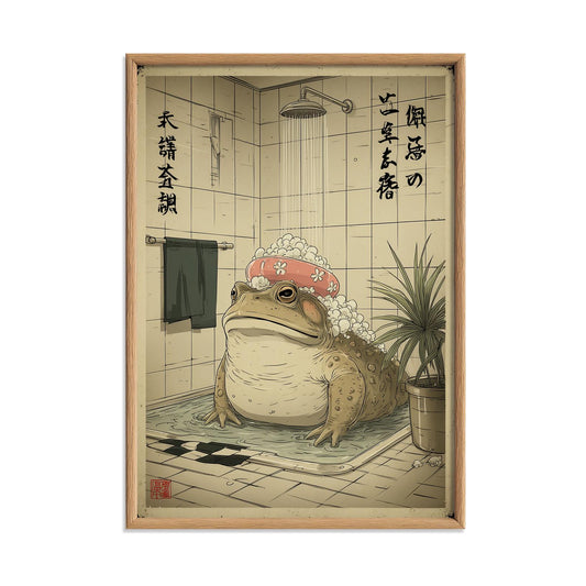 Frog Bathing Art Print | Whimsical Toad Shower Poster, Quirky Bathroom Decor