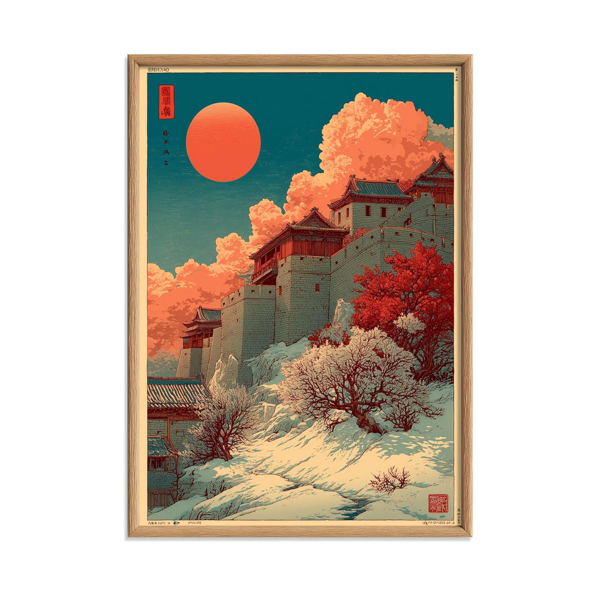 Great Wall Wall Art | Chinese Winter Poster | Red Sun Landscape Print | Asian Woodblock Decor
