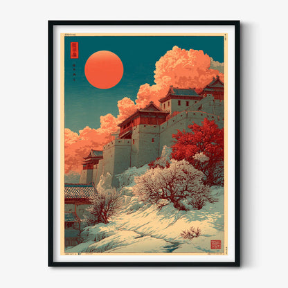 Great Wall Wall Art | Chinese Winter Poster | Red Sun Landscape Print | Asian Woodblock Decor