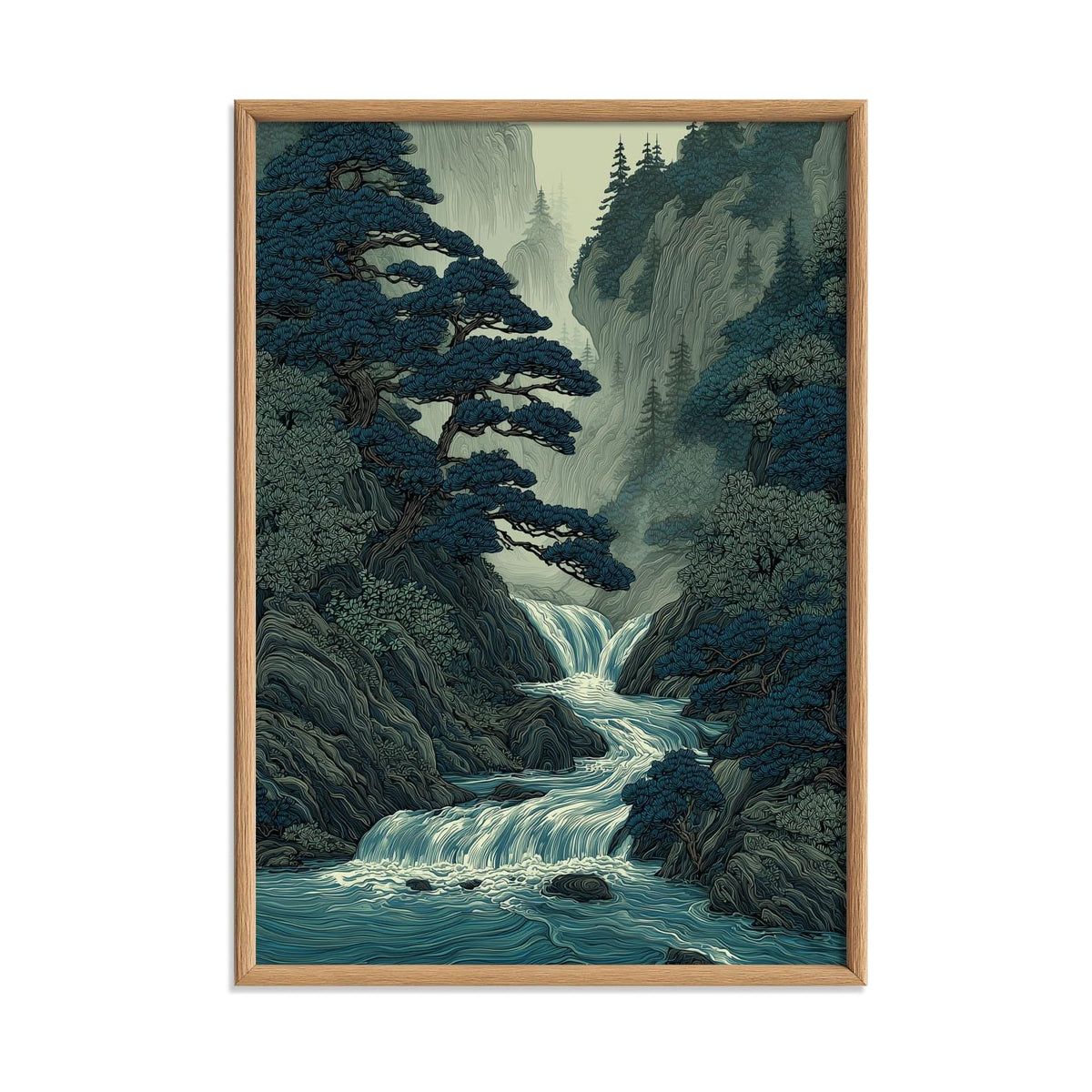 Mountain Waterfall Poster, Asian Forest Wall Art, Blue River Art Print, Zen Nature Decor
