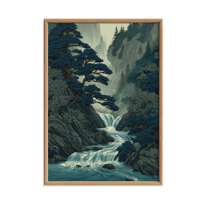 Mountain Waterfall Poster, Asian Forest Wall Art, Blue River Art Print, Zen Nature Decor
