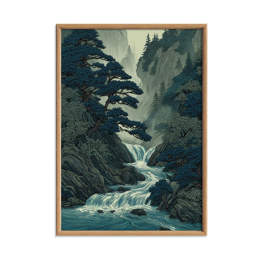 Mountain Waterfall Poster, Asian Forest Wall Art, Blue River Art Print, Zen Nature Decor